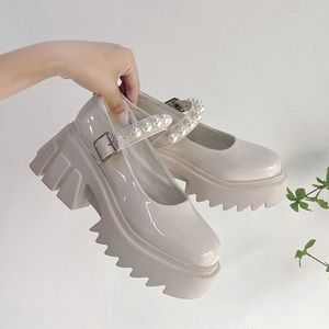 Faux Pearl Platform Block Heel Mary Jane Shoes in White